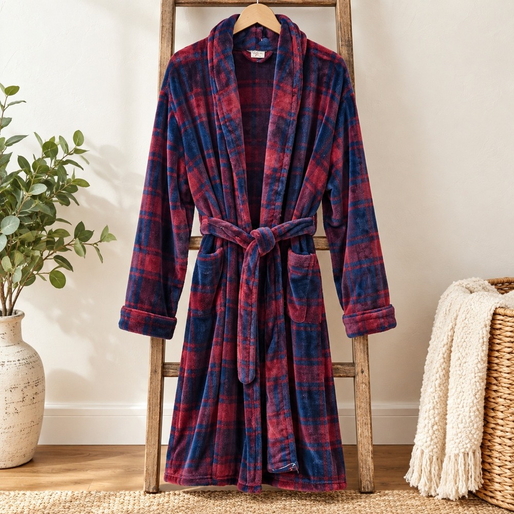 LL Bean Mens Plush Robe Size XL Navy Burgundy Plaid Shawl Collar Cozy Warm